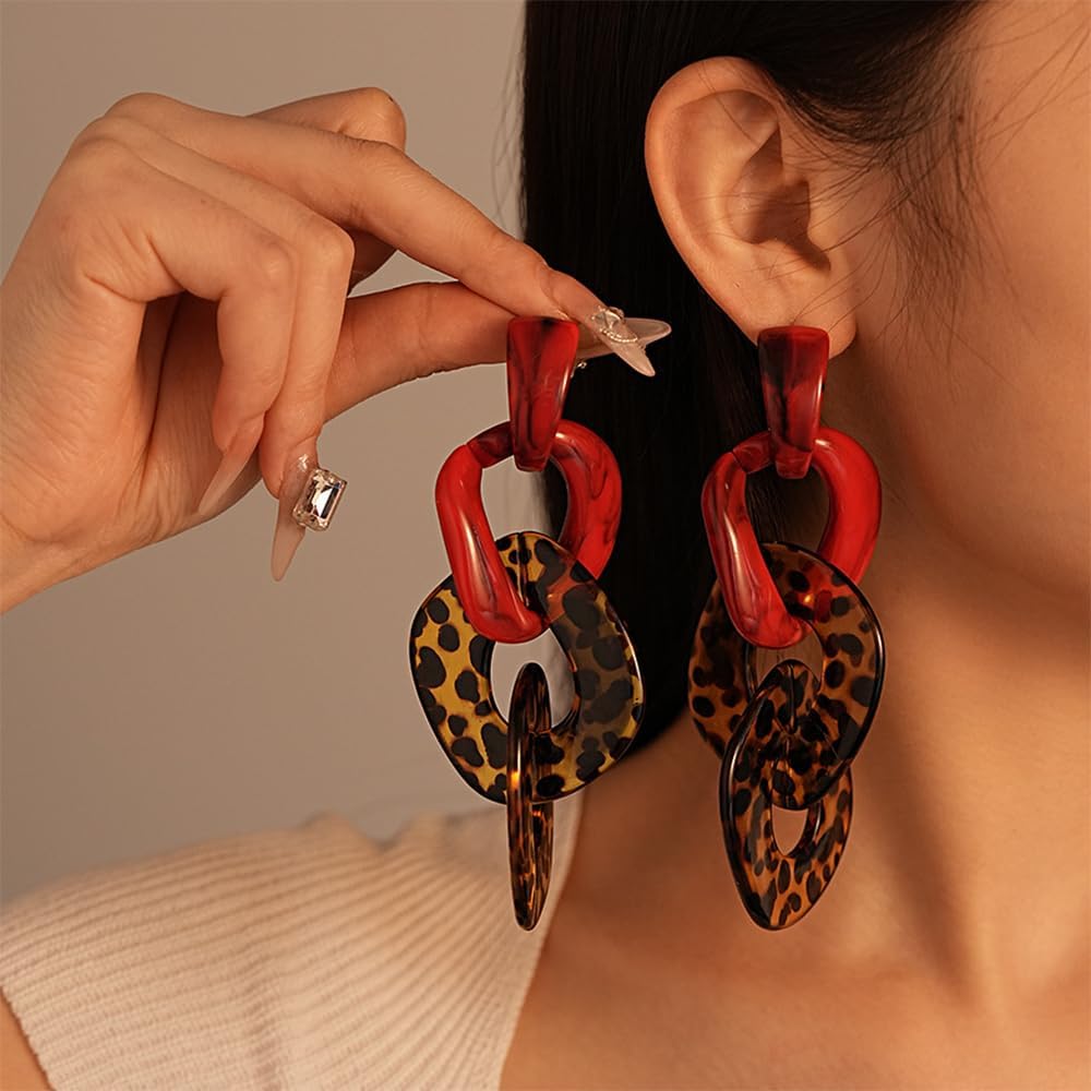 Kercisbeauty Red Leopard Print Acrylic Resin Chunky Earrings Big Statement Link Earrings Jewelry for Women image 3