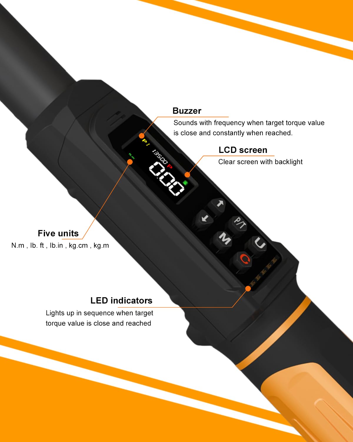 Uharbour Chiave dinamometrica digitale 3/8, gamma 100 ft-lbs./6,8-135 Nm, chiave dinamometrica elettrica con cricchetto a doppia direzione, precisione ± 2% con vibrazione, cicalino e allarme LED