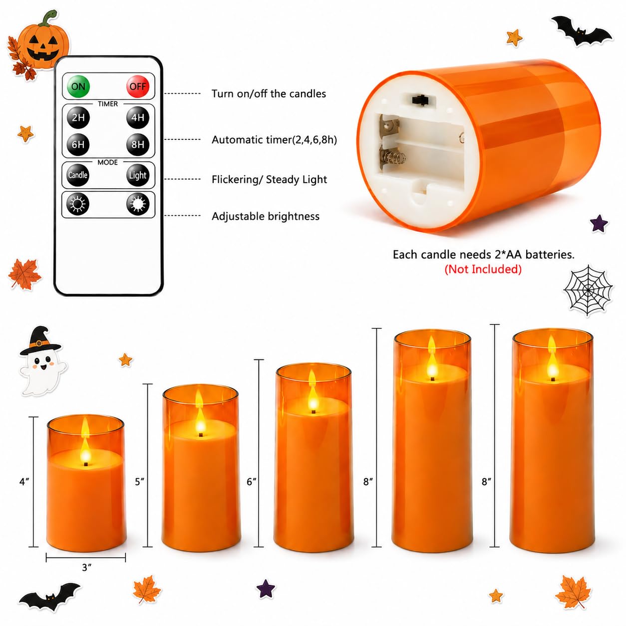 Fo32won Candele a pilastro a LED senza fiamma, a batteria, con timer remoto, confezione da 5 candele in acrilico tremolanti 3D per autunno, Halloween, Ringraziamento, Natale, decorazione per camino