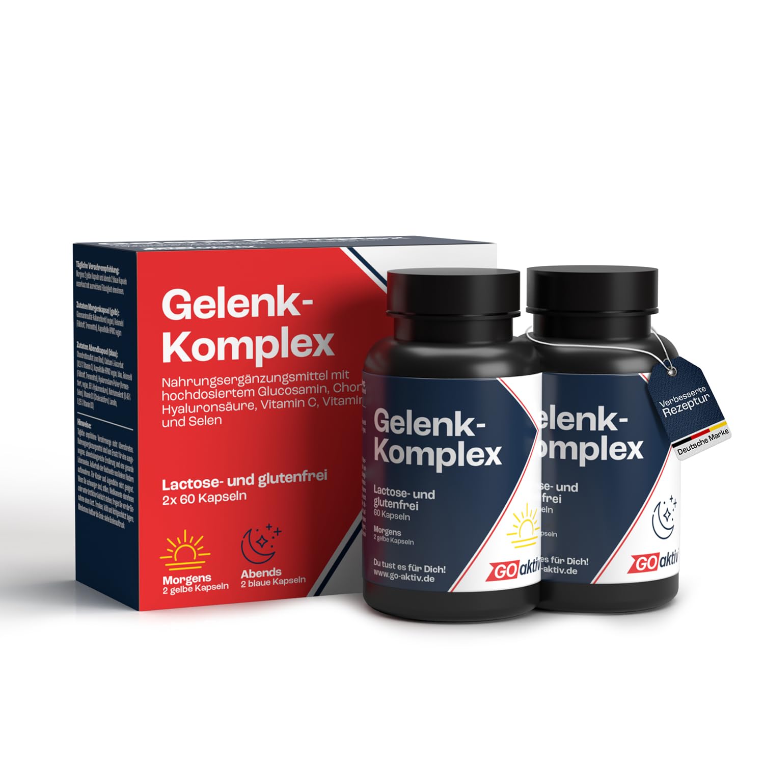 GOaktiv® Gelenk-Komplex - hoch dosierte Hyaluronsäure, Glucosamin & Chondroitin - in Deutschland produziert & laborgeprüft - 2 x 60 Kapseln - Einnahme: morgens & abends
