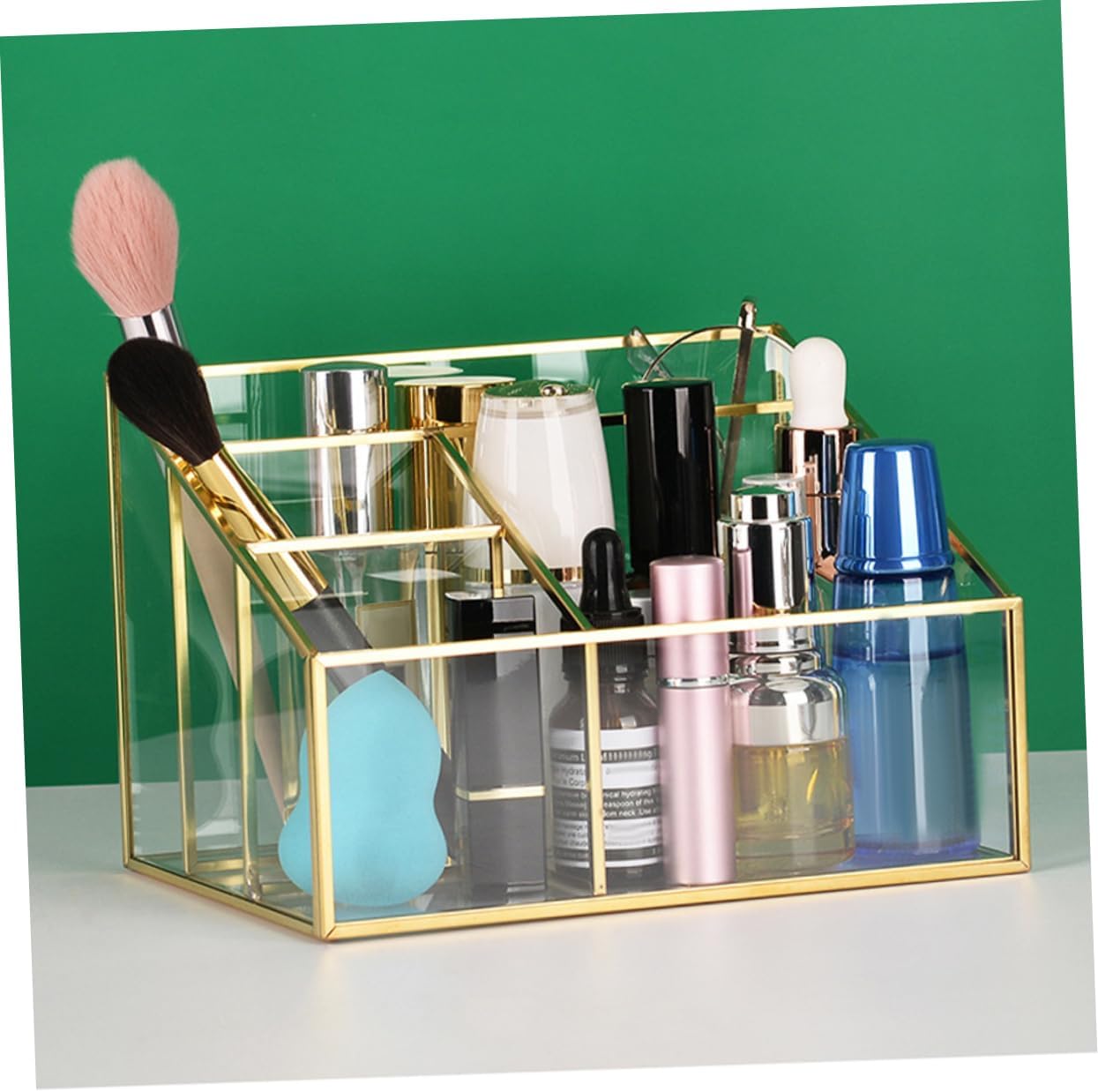 Makeup Organizer with Glass Display Case Frame Storage for Vanity Eyeliner and Lipstick Holder Elegant Design for Bedroom and Salon Efficient Makeup Brush Storage