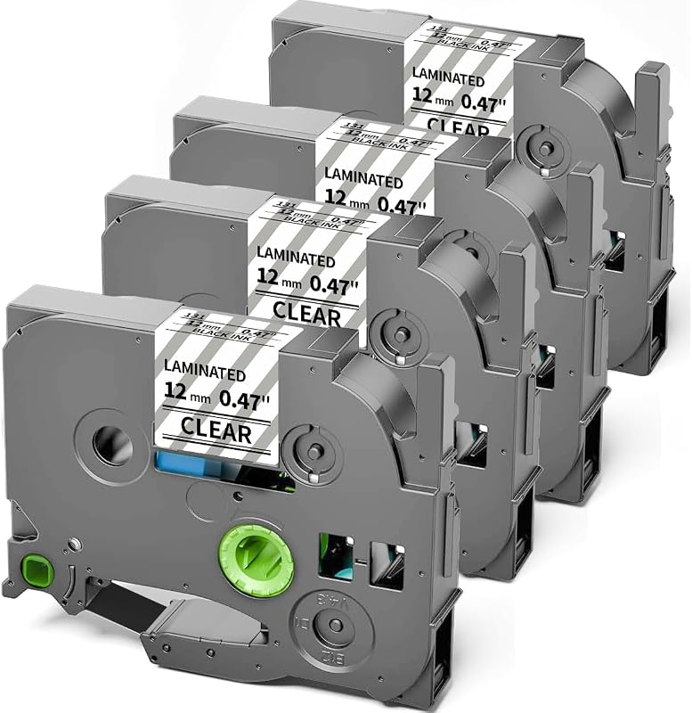 TZe TZ Tape 12mm 0.47 Laminated Clear Compatible with Brother P-Touch | Label Tape Clear TZe-131 Label Maker Tape Black on Clear Work for Ptouch PT-H110 PT-D210 Refills, 1/2 Inch x 26.2 ft, 4-Pack