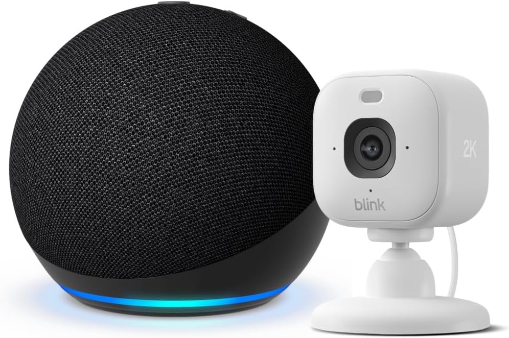 Amazon Echo Dot (Newest gen), Charcoal + Blink Mini 2K+ Indoor Camera, White - Voice-control your camera with Alexa, with Alexa+ Early Access