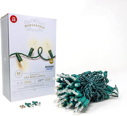 Wondershop Luz LED de Navidad de 20 pies con 60 bombillas blancas cálidas en cable verde iluminación de interiores y exteriores para árbol de