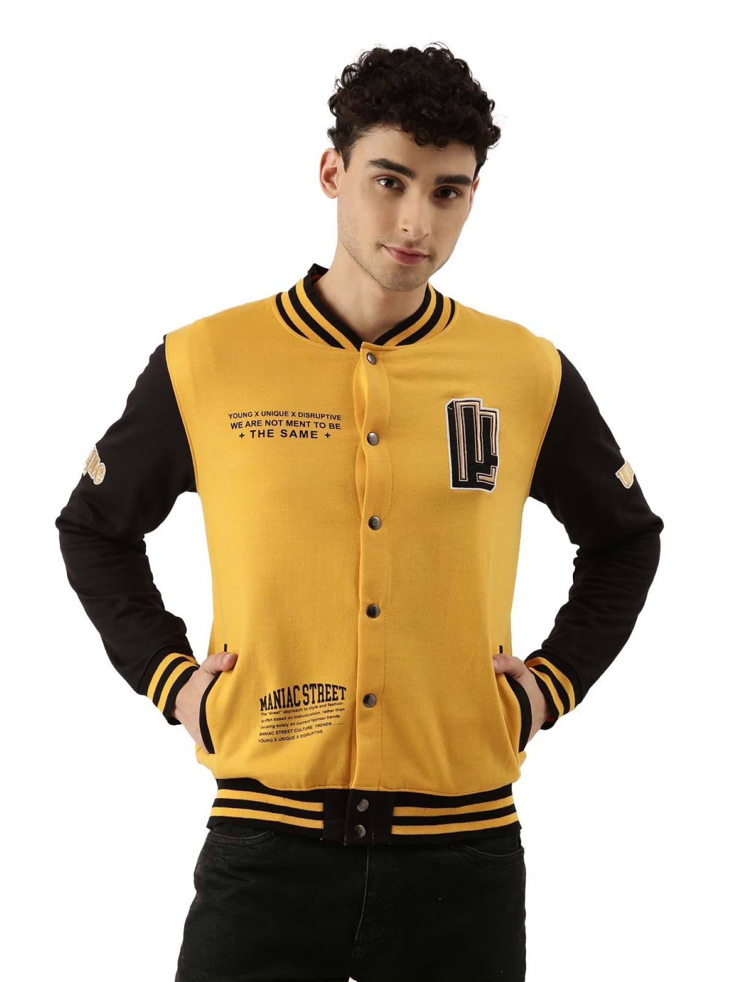 maniac Printed Mens Full sleeve High Neck Button Down Yellow and Black Cotton Slim Fit Jacket-picture-45