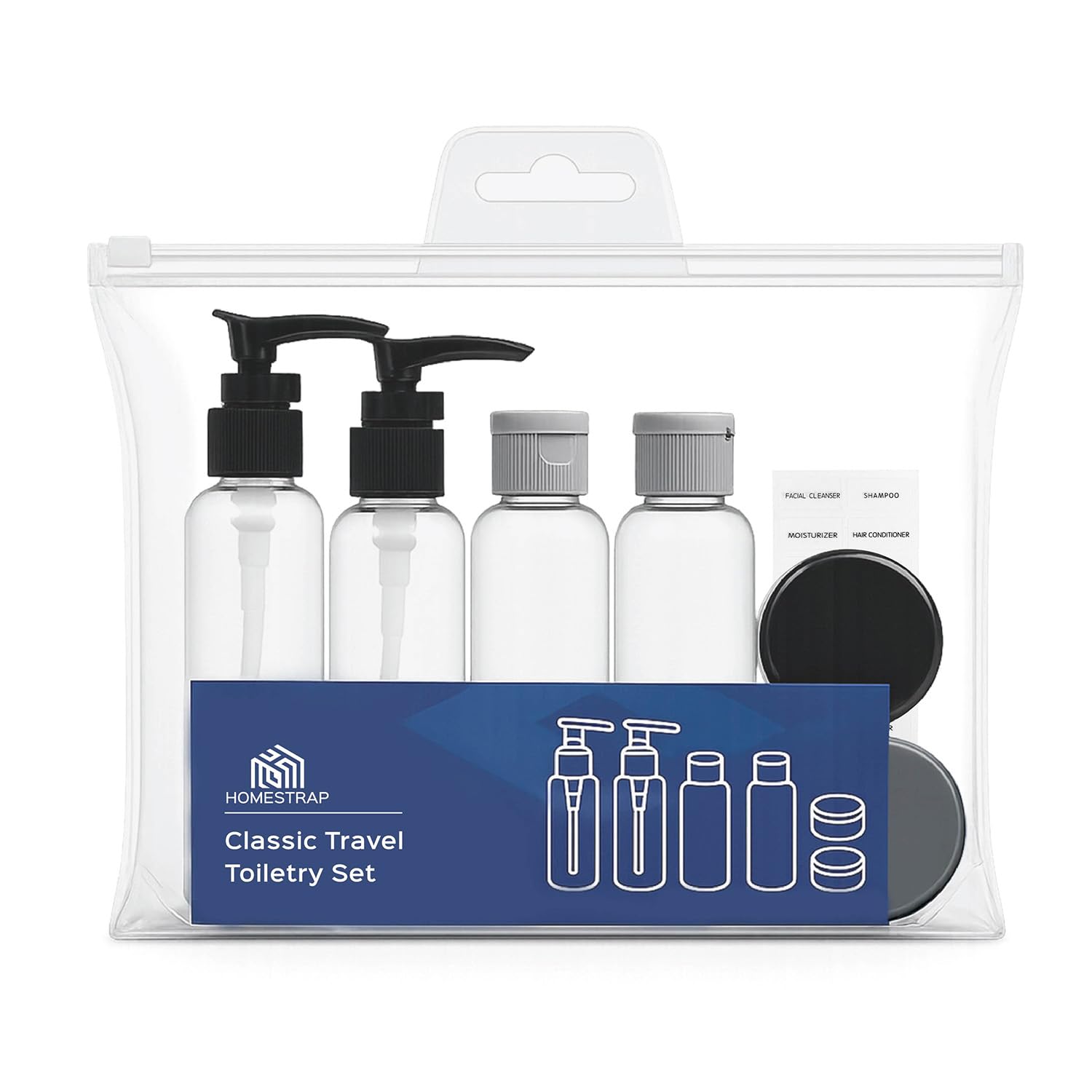 Homestrap Classic Travel Toiletry Set | Leakproof Travel Bottle Set with 2 Pump Bottles, 2 Flip Bottles, Cream Jars & Labels | Refillable Travel Accessories Kit with Pouch (Transparent)-image-30