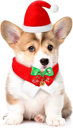 Miniatura 5 de Sombrero de Navidad para perro de Papá Noel con bufanda, disfraz de mascota, traje de Navidad para mascotas, bufanda, corbata de lazo con campana,