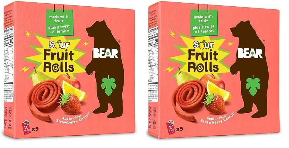 BEAR Sour - Real Fruit Yoyos - Strawberry-Apple - 0.7 Ounce (5 Count) - No added Sugar, All Natural, non GMO, Gluten Free, Vegan - Healthy on-the-go snack for kids & adults (Pack of 2)