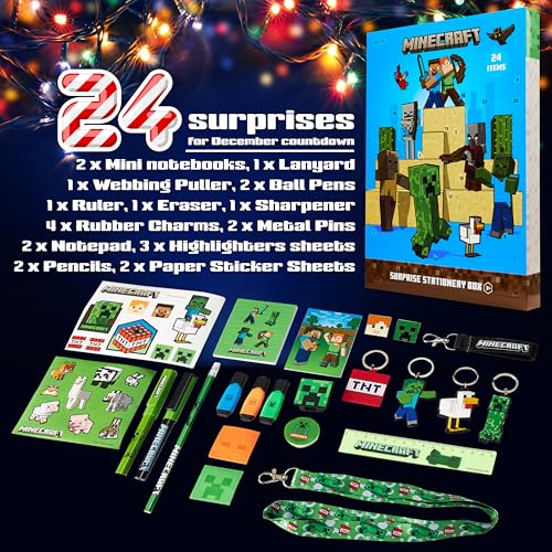 Calendario Adviento Minecraft 2025 de papelería escolar con bolígrafos y pegatinas azul 6