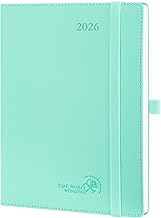 POPRUN 2026 Weekly Diary Vertical 22 x 16.5 cm, Soft Vegan Leather Cover, 2026 Planner with Monthly Tags, Thick Paper 100 gsm, Green