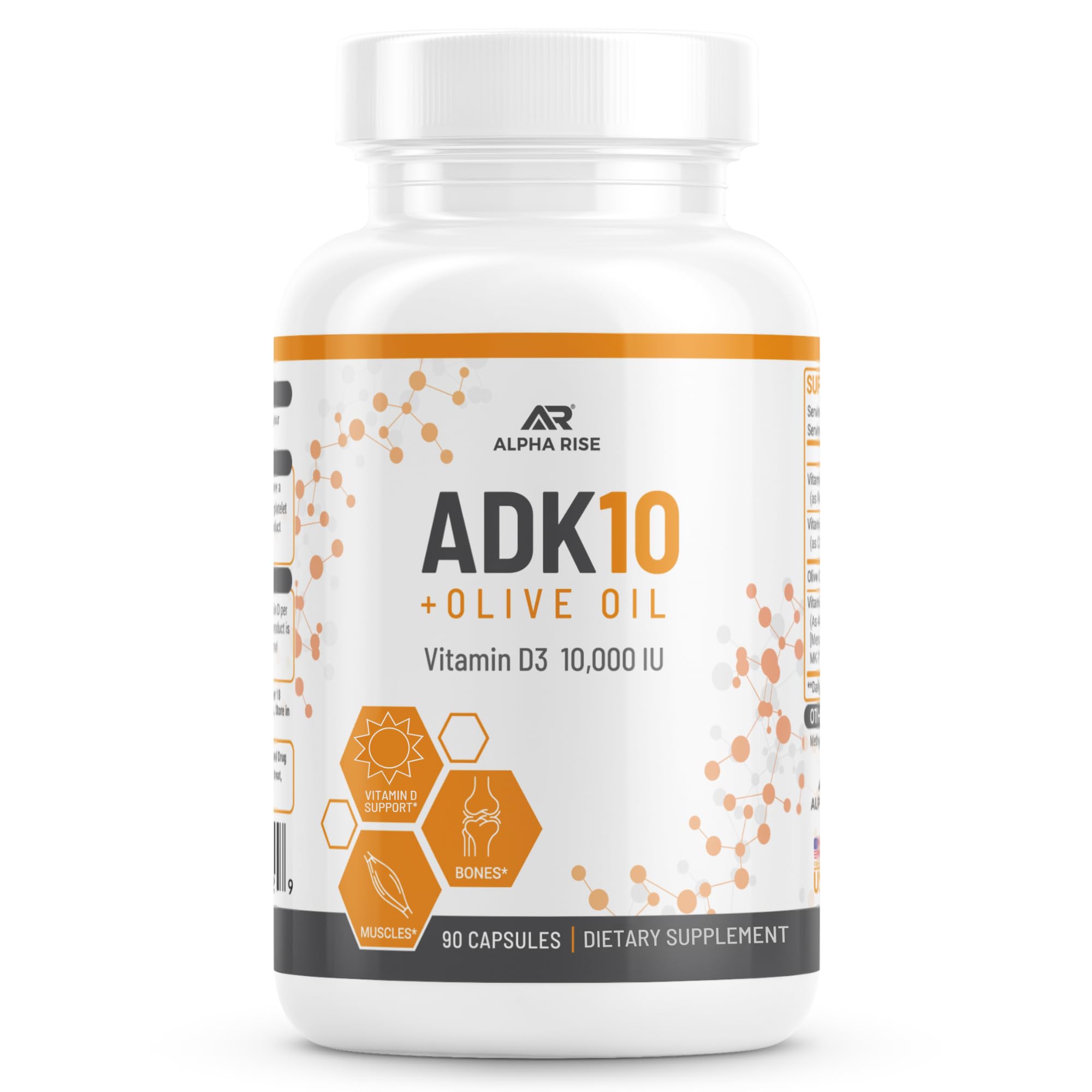 ADK 10 Vitamin Supplement + Olive Oil for Better Absorption - with Vitamins A + D3 (10,000 iu) + K2 (MK7+MK4) - 90 Capsules - Vegetarian - Non-GMO