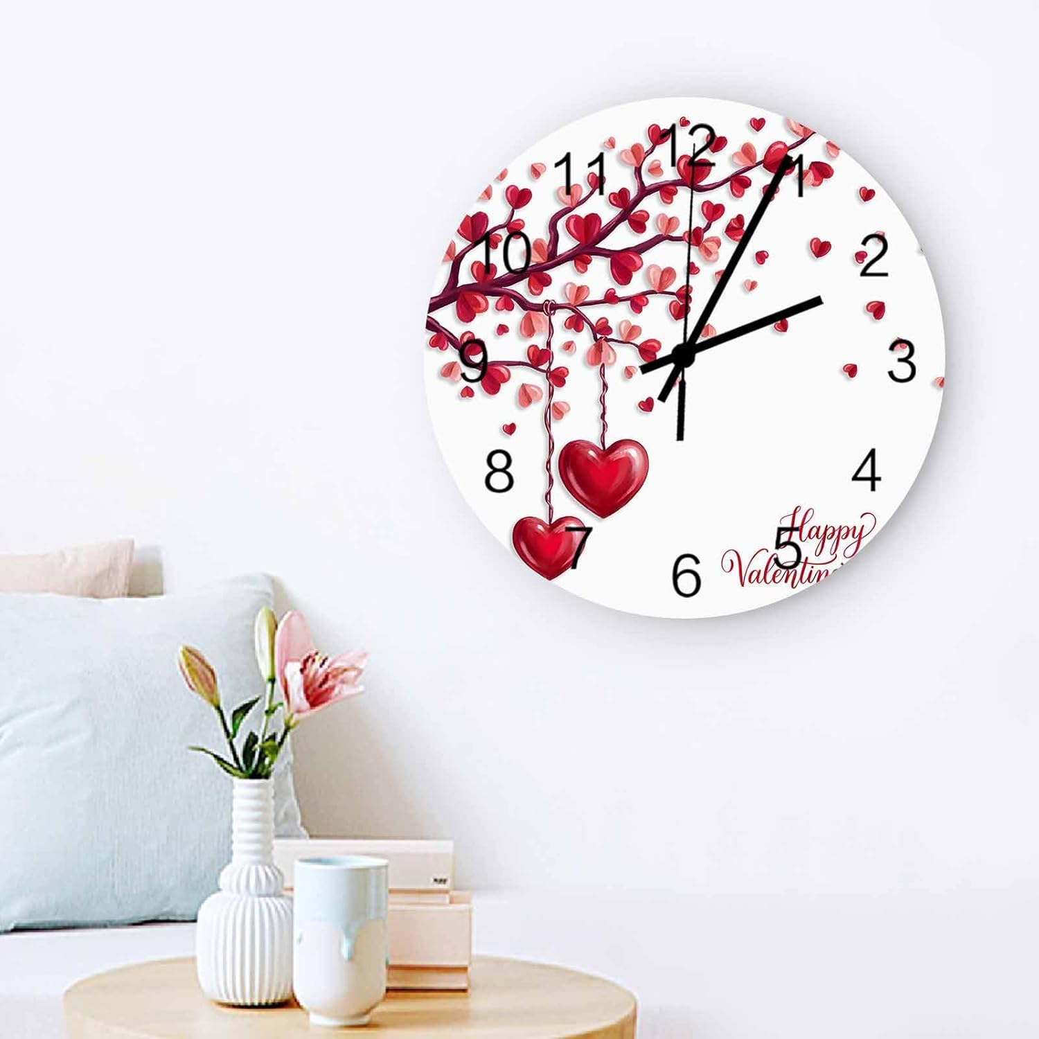 Noiseless Wall Clock, Silent Non-Ticking Hanging Wall Clocks Battery Operated, Happy Valentine's Day Simple Red Love Heart on White Wooden Clock for Bathroom Bedroom Living Room Office 12 Inch