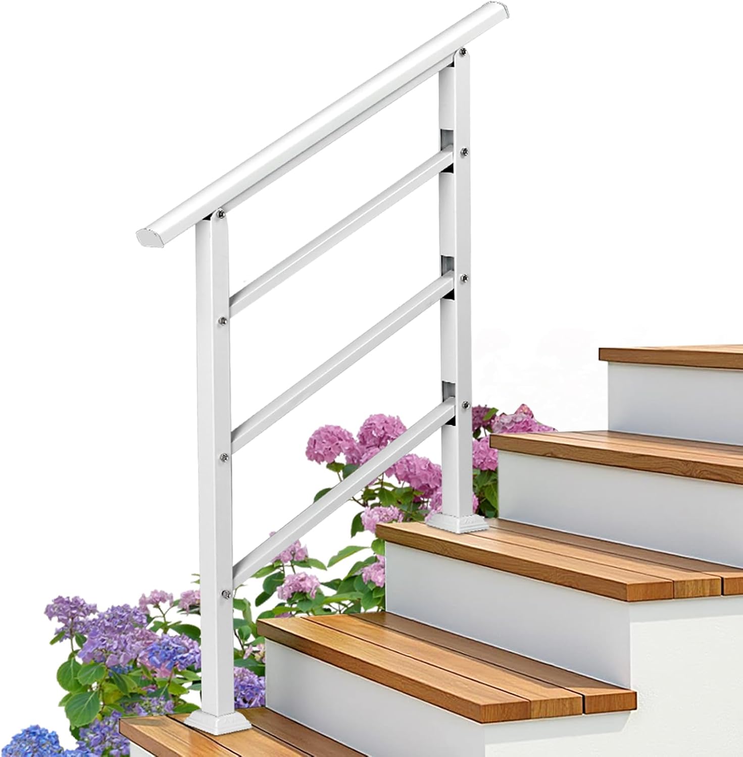 Outvita Handrails for Outdoor Steps, Fit 1-3 Steps Outdoor Stair Railing, Adjustable Wrought Iron Handrail with Installation Kit, White Transitional Hand Rails for Indoor Concrete Garden Porch Steps