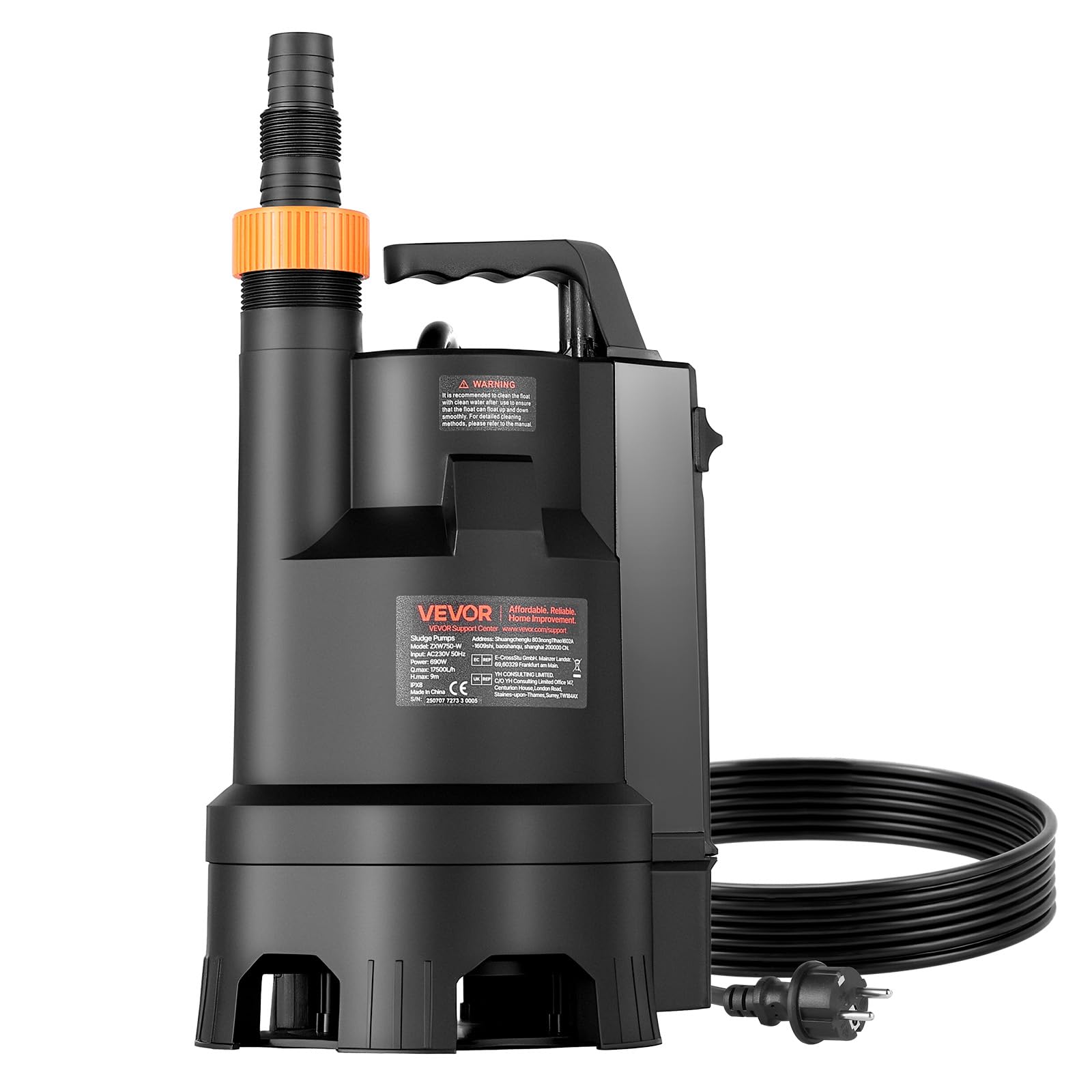 VEVOR 550W Tauchpumpe, 18000l/h, Gusseisen-Schmutzwasserpumpe mit 5,08cm Auslass, 10m max. Förderhöhe, zum Abpumpen von Schmutzwasser, für Pools, Gärten, Teiche, Keller & überflutete Bereiche