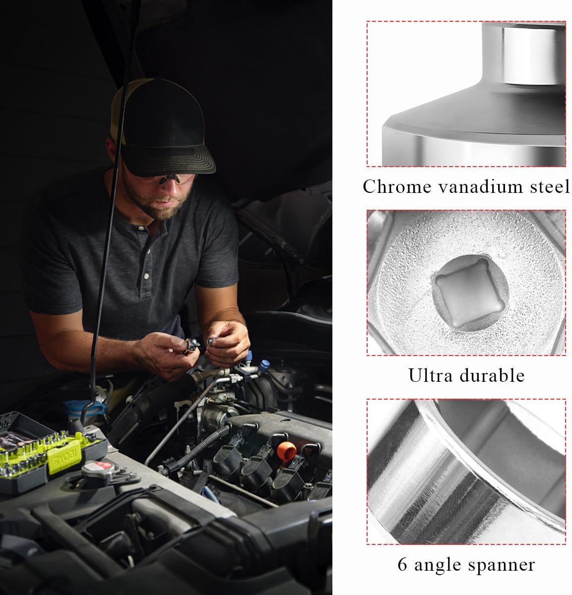 27 mm Oil Filter Socket, 6 Point Steel Oil Filter Cap Wrench, Oil Filter Thin Tool, Oil Filter Replacement Kit for Oil Filter Cover Installation and Removal, Car Accessories
