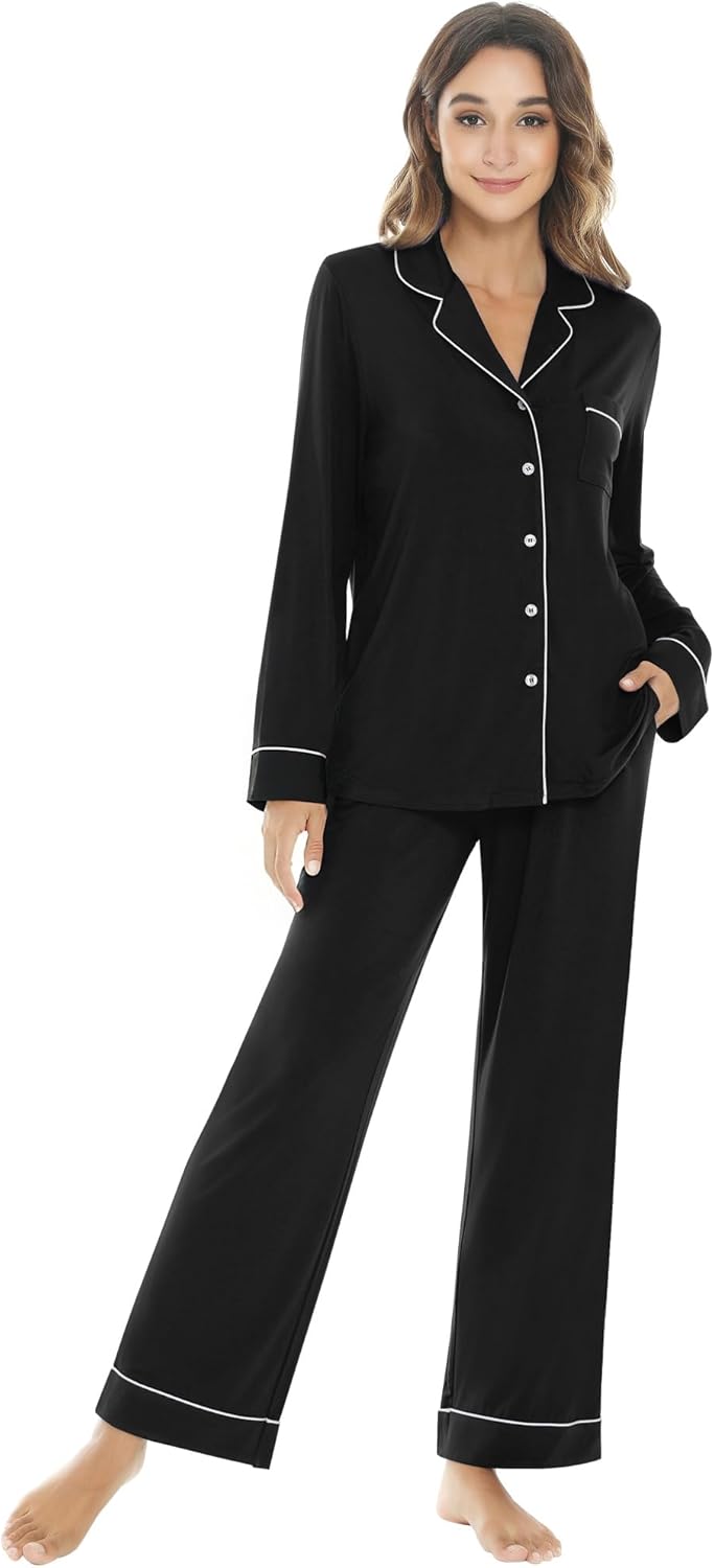 NACHILA Women’s Pajama Sets Long Sleeve Pjs Button Down Pajamas Soft Sleepwear Comfy Nightwear,Viscose Made from Bamboo