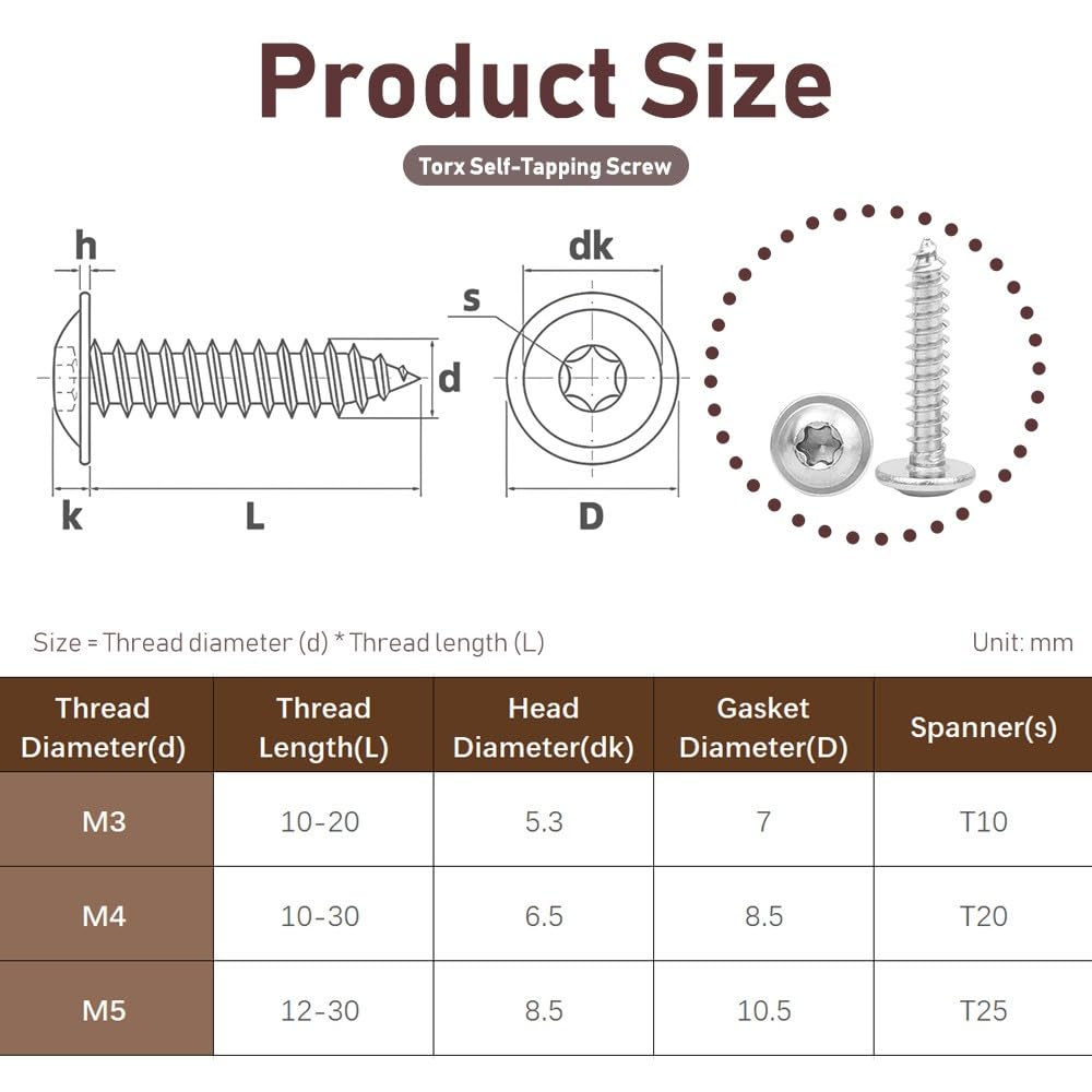Torx Viti Autofilettanti - Acciaio Inox A2 V2A Viti per Legno a Testa Bombata con Rondella Filettatura Completa Metrica Argento, M4 x 10mm (20 Pezzi)