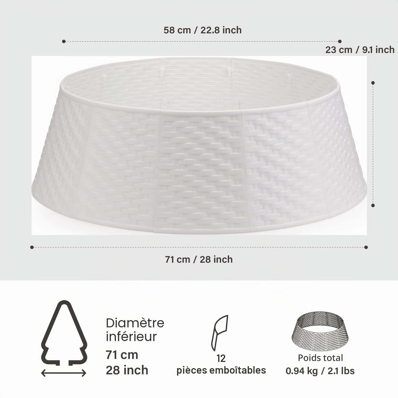 Jupe de sapin de Noël ronde – Collier de sapin de Noël robuste et durable – 23,1 cm de hauteur 57,9 cm de haut et 71,1 cm de diamètre de la base – 12 anneaux en plastique pour arbres artificiels ou