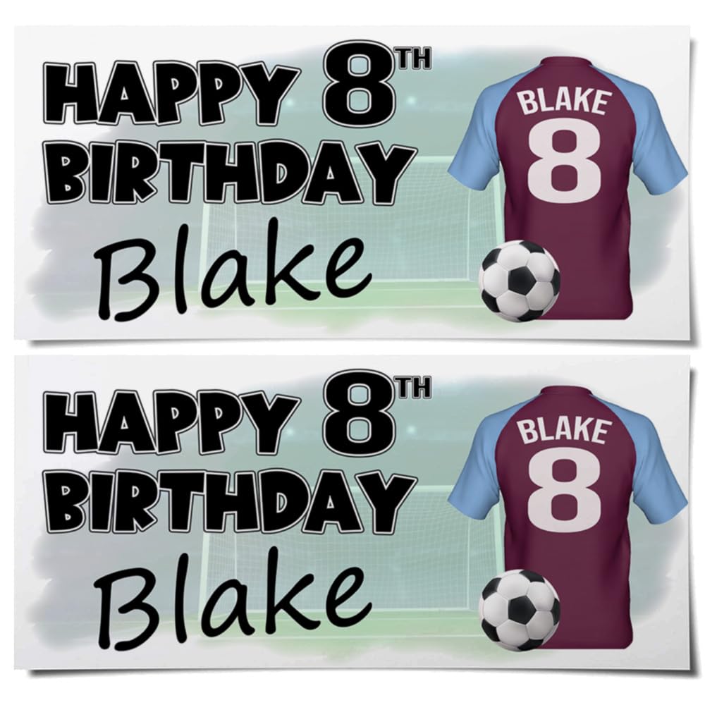 Personalised Football Birthday Banners – Claret and Blue Colour Shirts with Any Name & Age/Number – Boys & Girls Party Decoration – Custom Birthday Supplies (Pack of 2)
