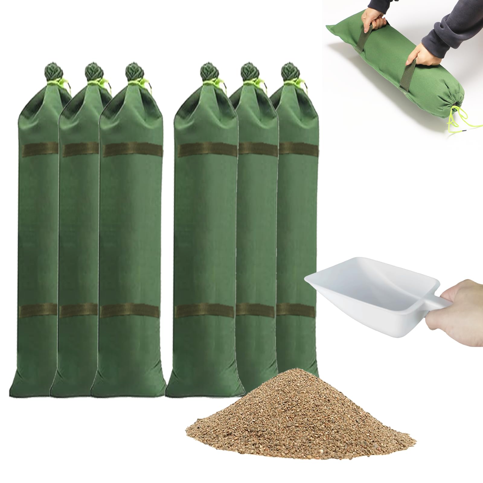 6 Sacs de Sable 60 x 20CM avec 1 Pelle, barrière Anti-inondation, Protection Contre Les inondations, Sacs de Sable réutilisables avec poignées