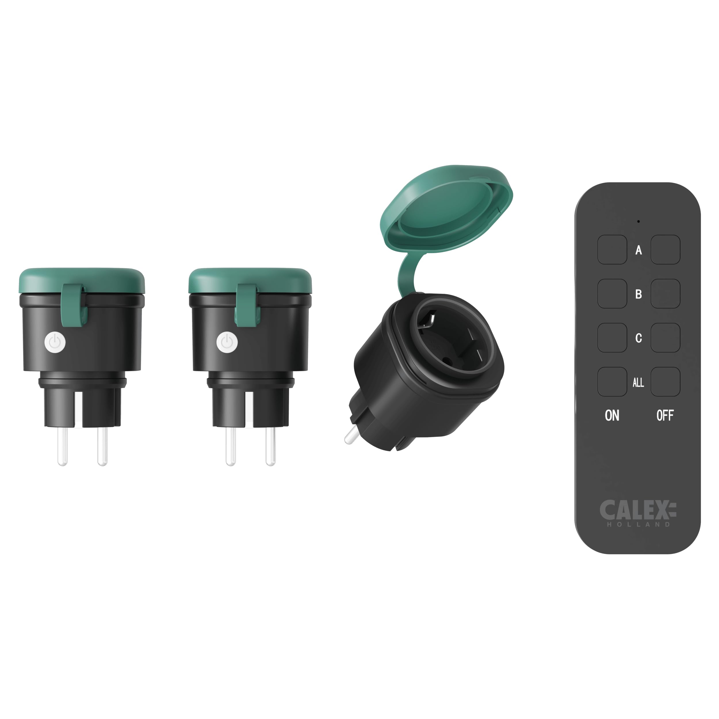 Calex Außen Steckdosenset, 2er-Set Plugs mit Fernbedienung, IP44 wasserdicht, Plug & Play, schwarz