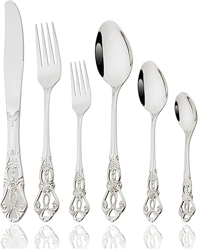 Miniatura 1 de JASHII Juego de cubiertos de acero inoxidable 304 vintage de 24 piezas para 4 cuchillos Royal Shiny Cuchara, Postre, Tenedor, cucharadita para el