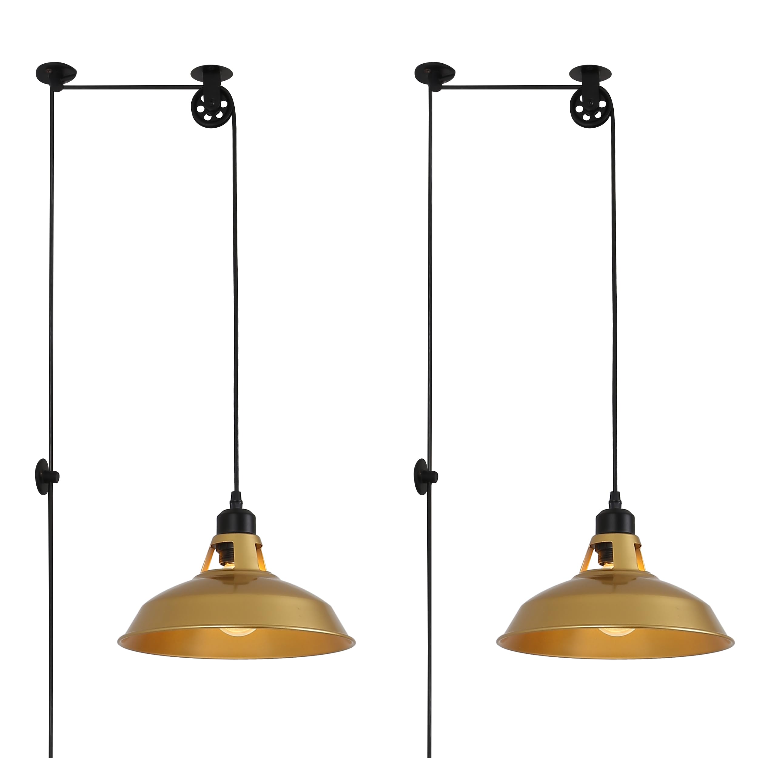 SUNLLOK Set of 2 Plug in Pendant Light, Industrial Lift Pipe Pulley Ceiling Fixture Retro Hanging Lamp with Switch - Indoor Metal Chandelier for