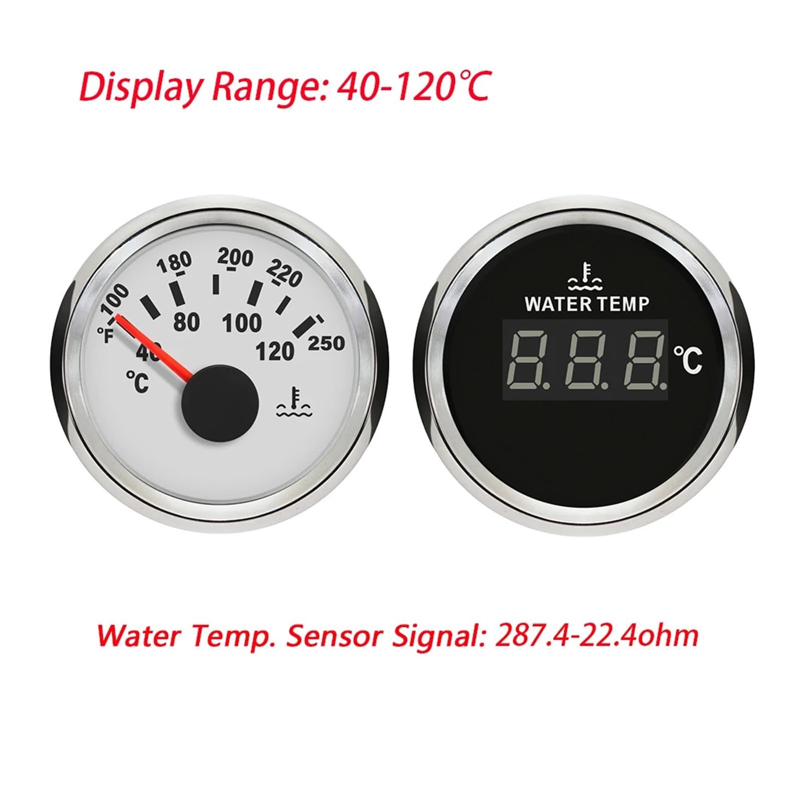 Medidor de temperatura del agua digital de 52 mm y 2 pulgadas, medidor de temperatura, 40-120 ℃ 9-32 V con luz de fondo roja Lectura clara(White silver)