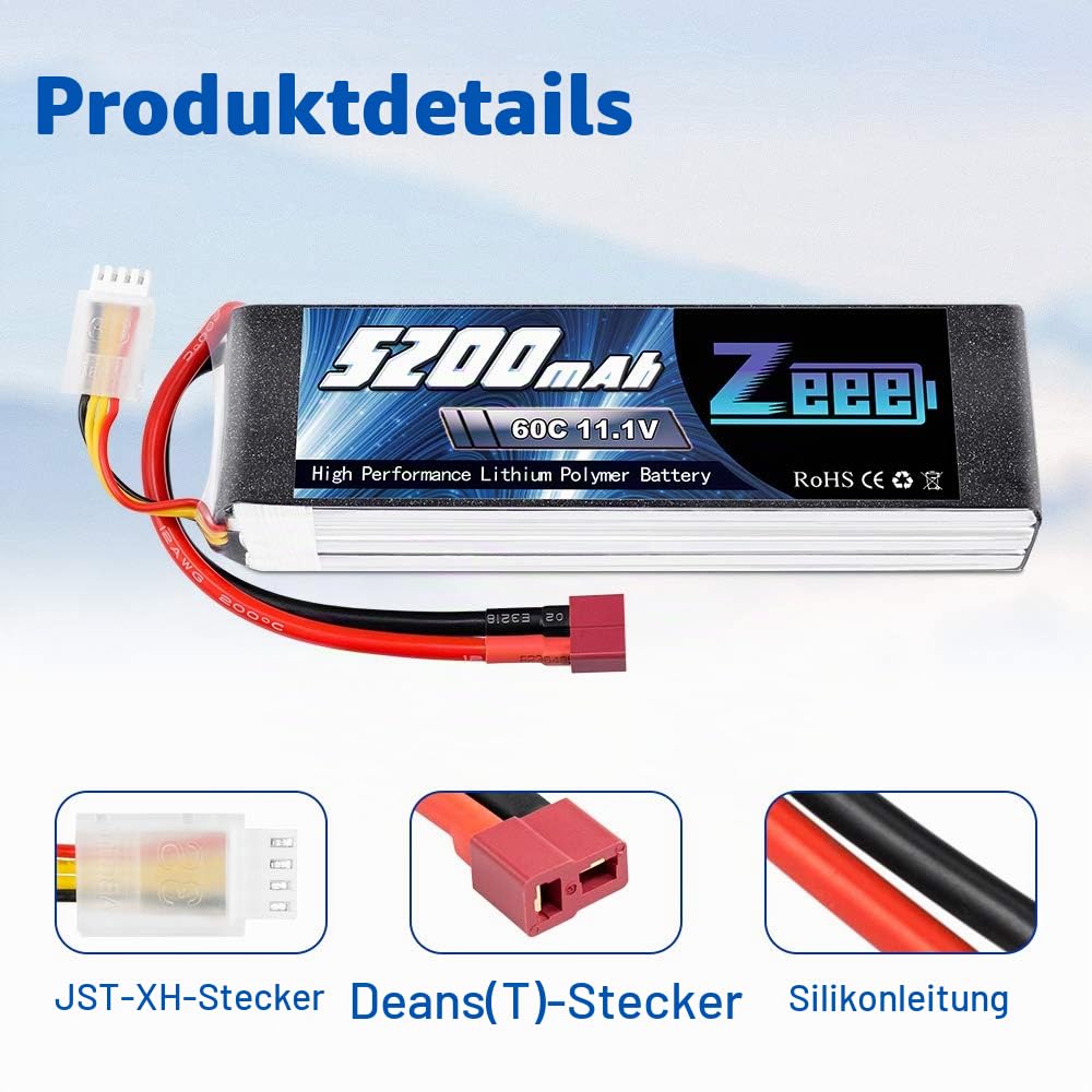 Zeee 3S LiPo Akku 11,1V 5200mAh 60C RC Batterie mit T Stecker(2 Packungen) | RC Batterie für RC Car RC Truck RC Auto Boot Helicopter LKW Truggy RC Hobby