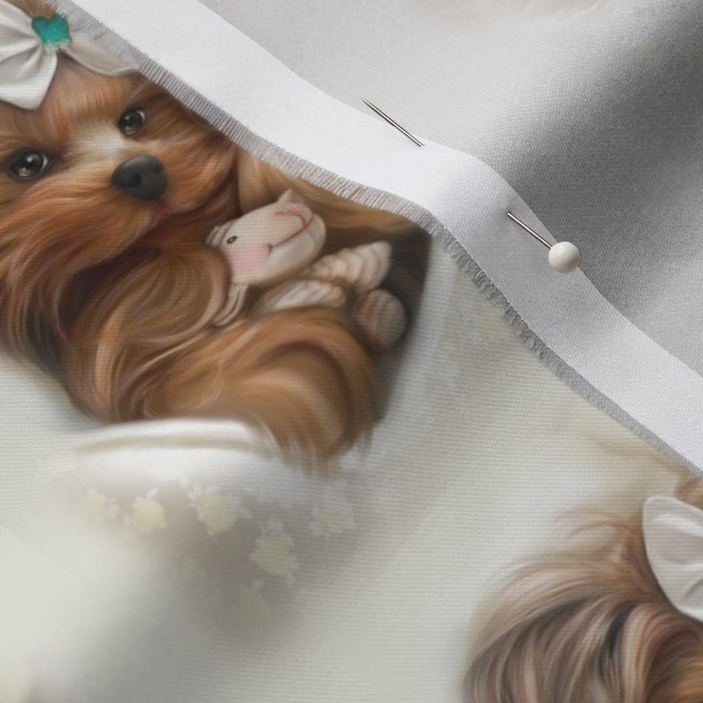 Spoonflower Fabric - Lamb Yorkie Toy Dog Painting Bow Printed on Organic Cotton Sateen Fabric by The Yard - Sewing Quilting Apparel Home Decor