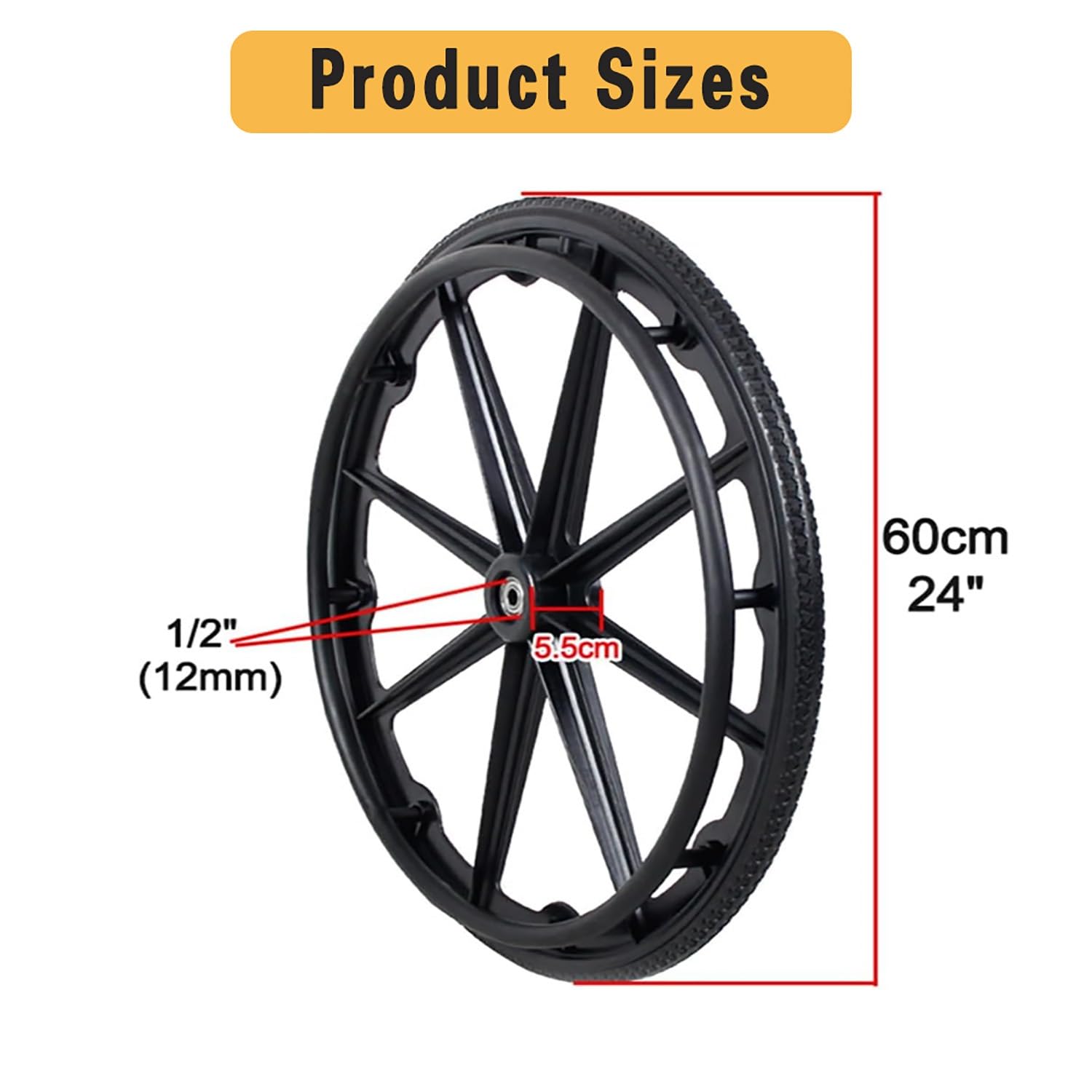 Rueda Maciza 24 Pulgadas, Piezas de Repuesto para Sillas de Ruedas Manual, No Neumática Rueda Integralmente Formada con Rodamiento(24in-2PCS)