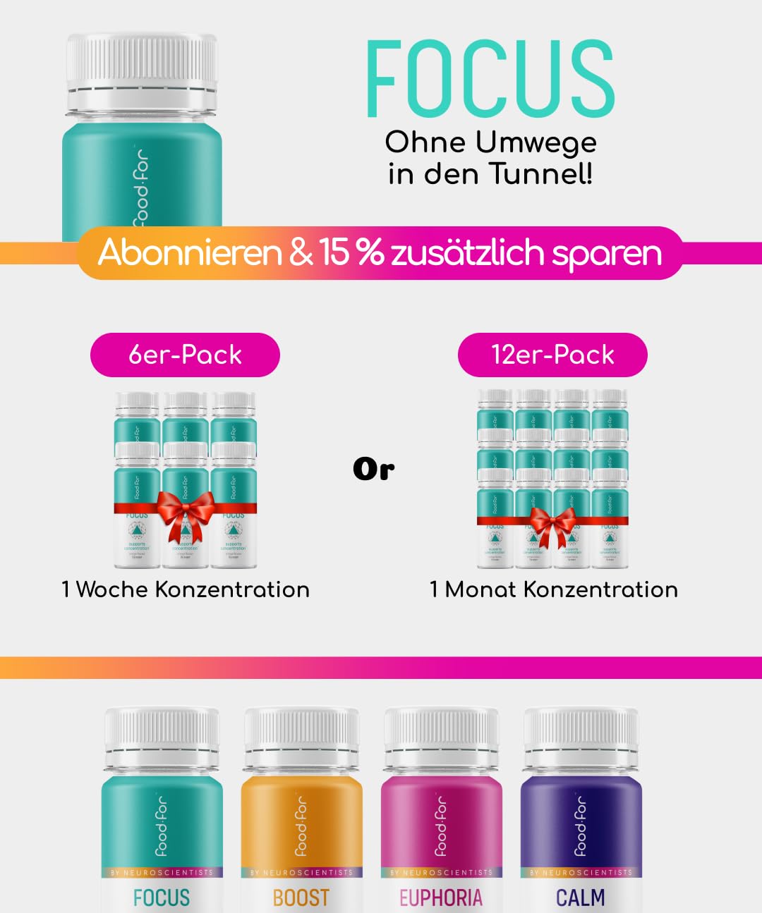 FOODFOR FOCUS Booster dopamine 60ml – Schnelle Aufnahme, Deep Focus, Gedächtnis & Konzentration – L-Theanin, L-Tyrosin, Guarana, Salbei, Kurkuma, Ginkgo Biloba – Zuckerfrei, Schweizer Qualität 6-Pack