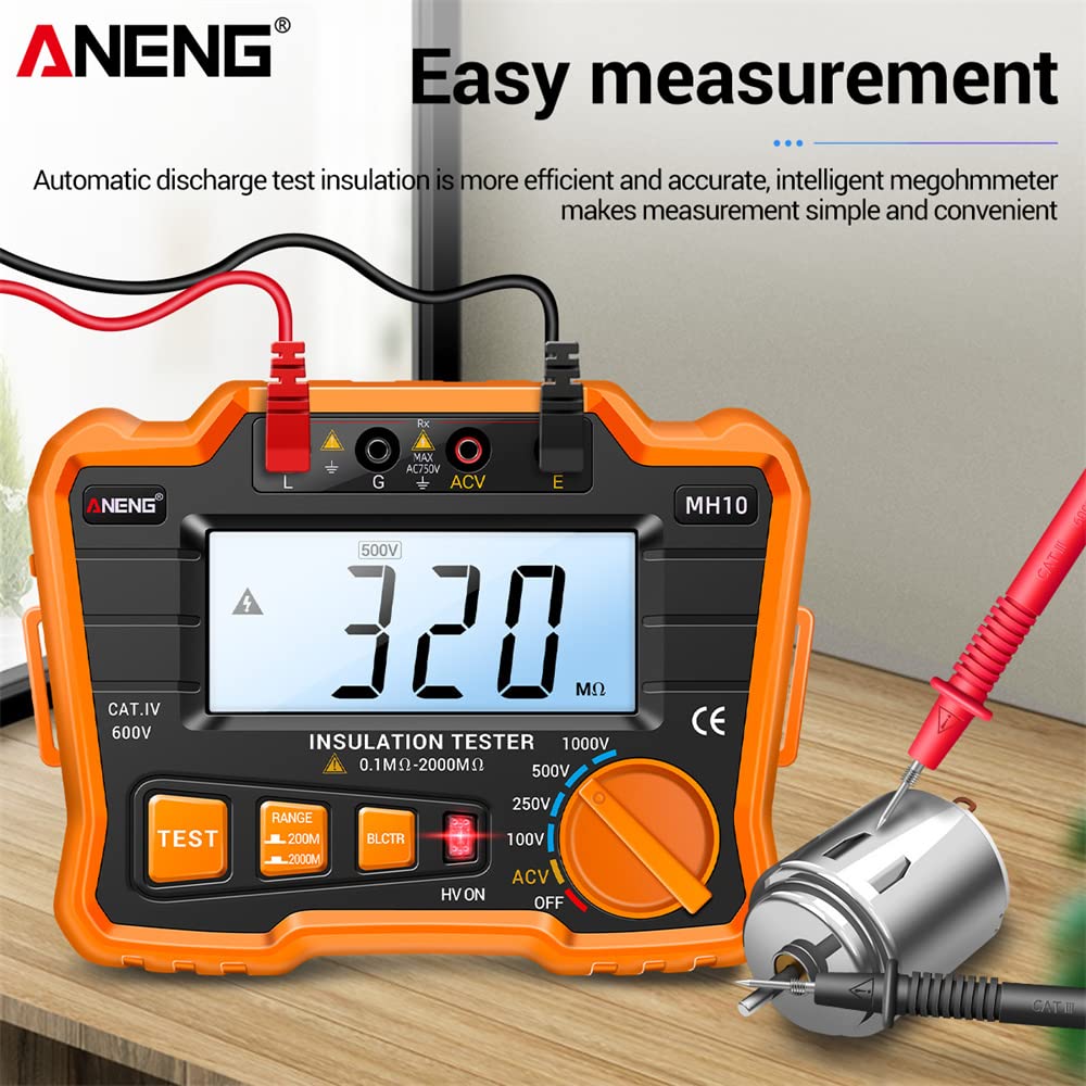 HUIOP ohmímetro Digital MH10 Probador de Resistencia de Aislamiento Digital 0.1MΩ-2000MΩ Megóhmetro con retroiluminación LCD Voltaje de Sal 100/250/ 500/ 1000V Medidor de Resistencia Aislado AC 750V