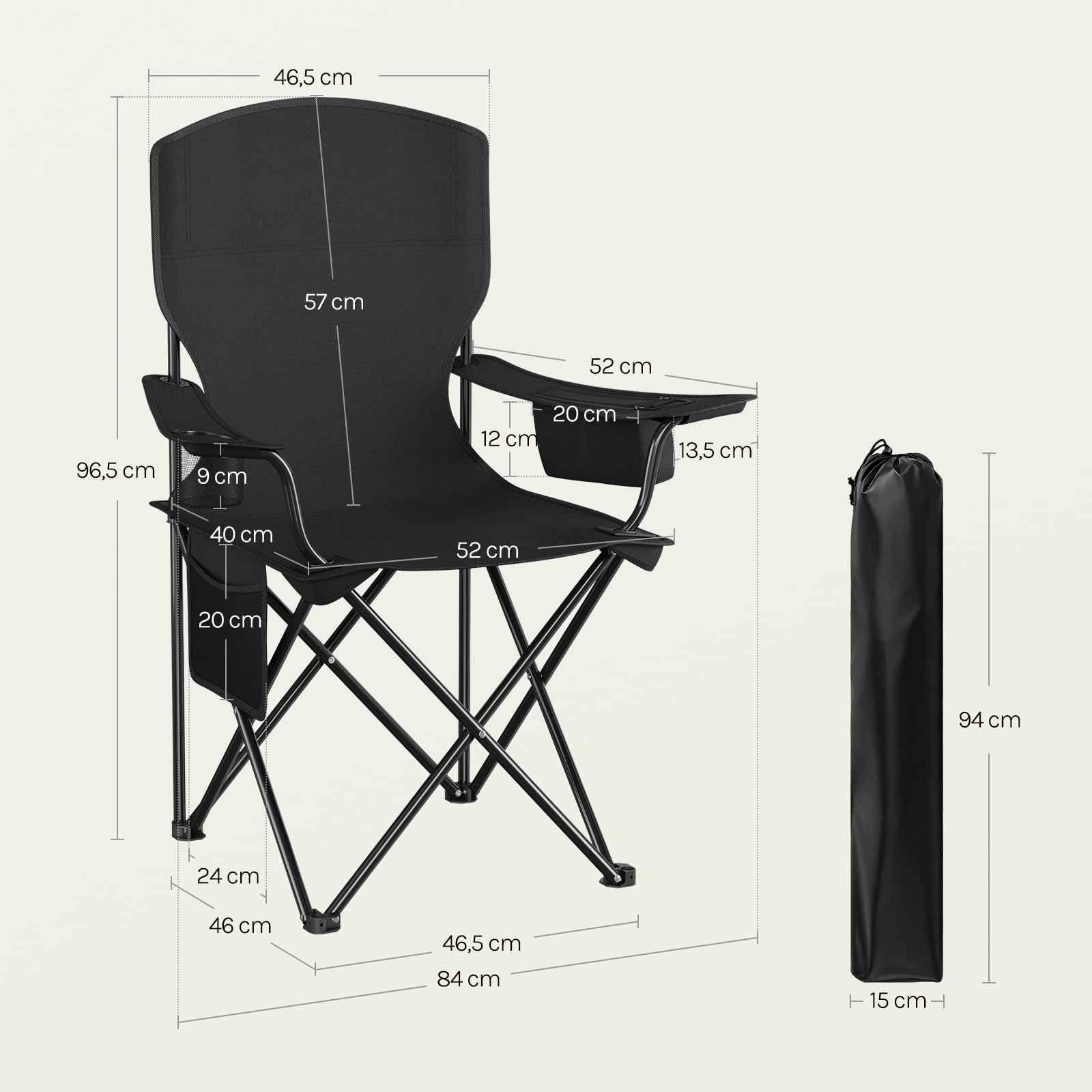 WOLTU Campingstuhl 2er Set Klappstuhl Faltbar bis 130 kg Belastbar mit Getränkehalter Seitentasche & Kühltasche, Outdoor Angelstuhl Camping Klappstuhl für Strand Angeln,Schwarz