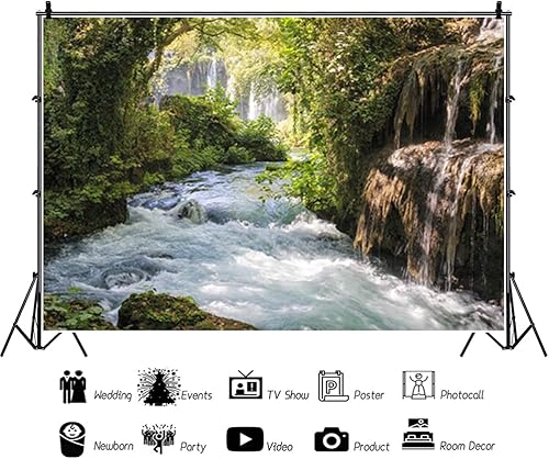 Miniatura 2 de Baocicco Fondos de vinilo de 15 x 10 pies para fotografía de fondo de montaña y paisaje acuático, hermosa cascada y río, árbol antiguo al aire