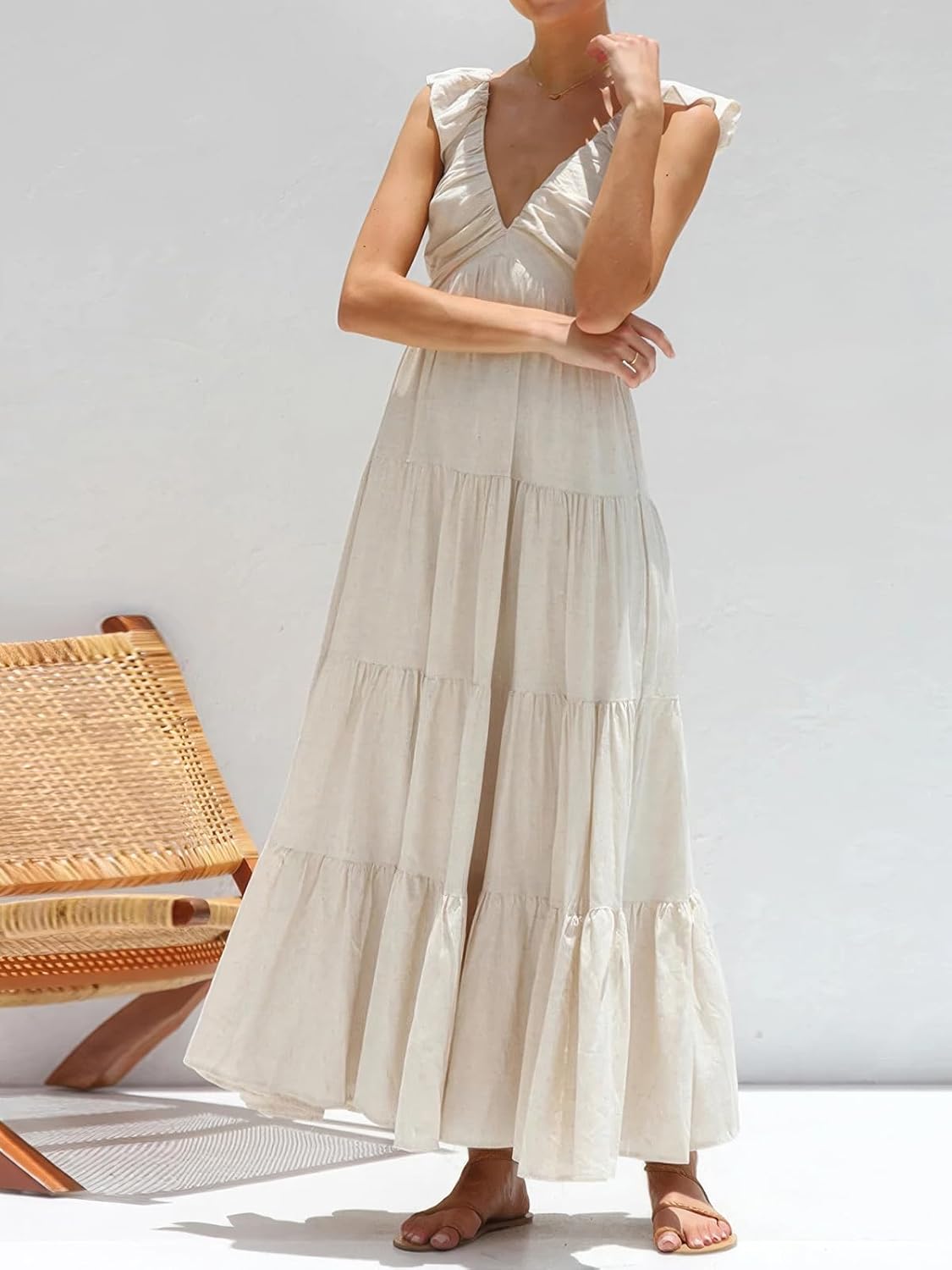 ebossy Women Flowy Tunic Beach Dress Sexy V Neck Ruffles Cap Sleeve Shirred Tiered Maxi Sundress - Image 2