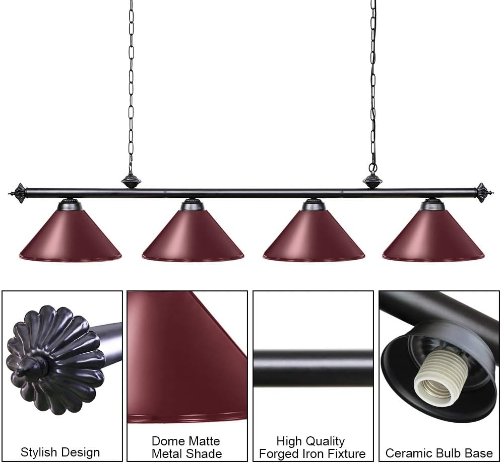 Wellmet Pool Table Lights Hanging Over Pool Table, 4 Light Billiard & Pool Table Lights with Burgundy Shade, 70 Inch Kitchen Island Linear Lighting Fixture for 7' 8' Pool Table, Game Room, Man Cave