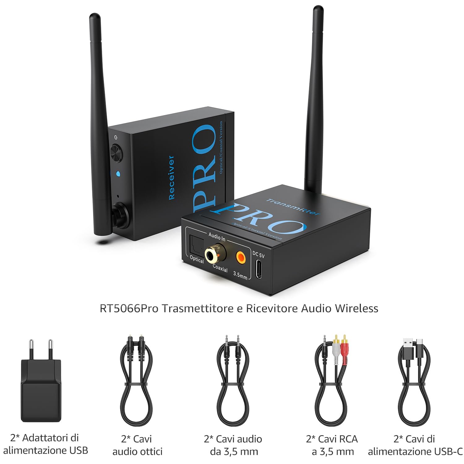 1Mii (1 TX + 1 RX) Trasmettitore Ricevitore Audio Wireless | Trasmissione 2,4 GHz, Musica HiFi da TV/PC a Altoparlanti Attivi/Amplificatori/Ricevitori AV, Ottica/Coassiale/3,5 mm/RCA
