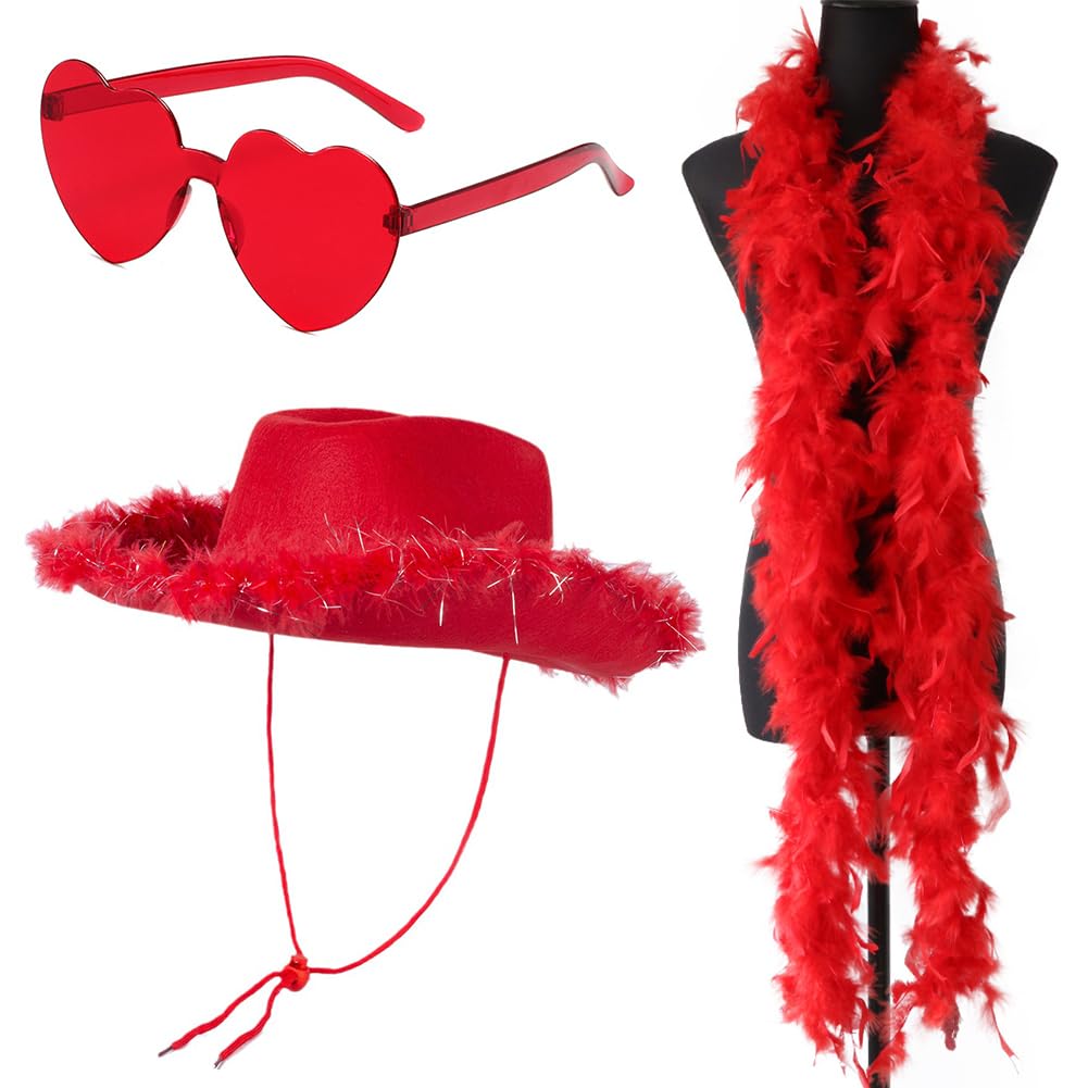 FCXVXCL Cowgirl Hat, 3PCS Felt Cowboy Hat with Heart Glasses Feather Trim Wide Brim Cowgirl Hats Women Cowboy Costume Accessory for Costume Party Play Dress Up Cosplay Bachelorette Party (Red)
