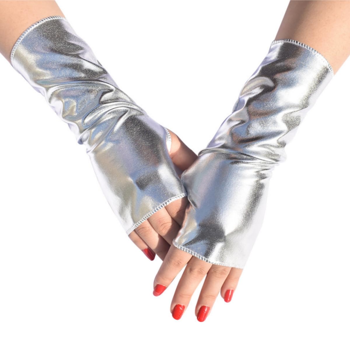 Women's Shiny Fingerless Gloves - Unisex Metallic Wetlook Party, Elastic Patent Leather for Stage Performance Costume, Sparkly 80's for Masquerade, Rave, Halloween, Cosplay