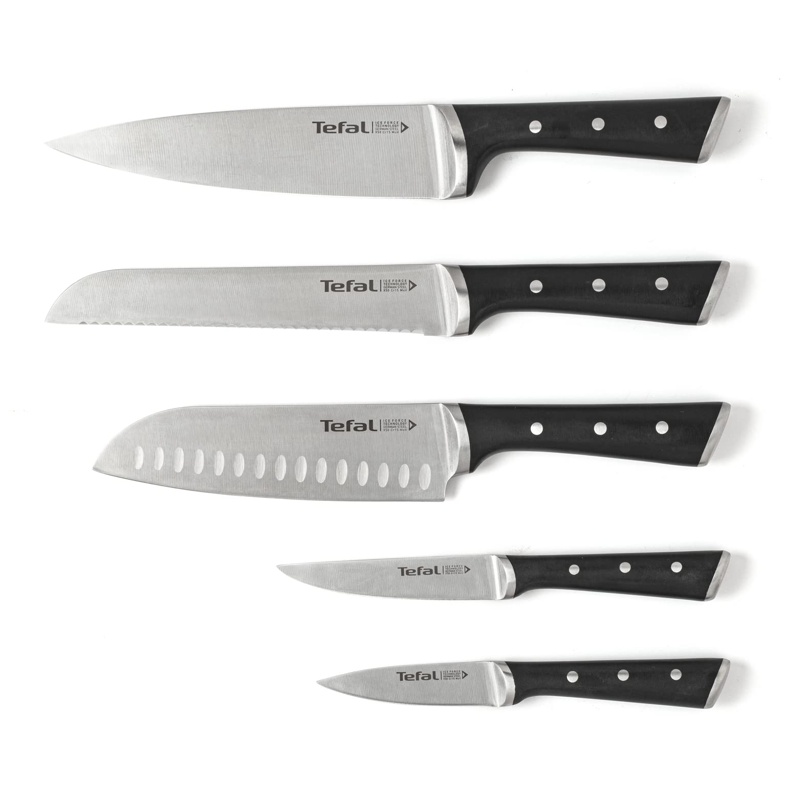 Tefal Ice Force Messerblock aus Holz, 5 Messer, Brotmesser 20 cm, Chefmesser, Santokumesser 18 cm, Gemüsemesser 11 cm, Tranchiermesser 9 cm, Edelstahl, braun/schwarz, K232S5