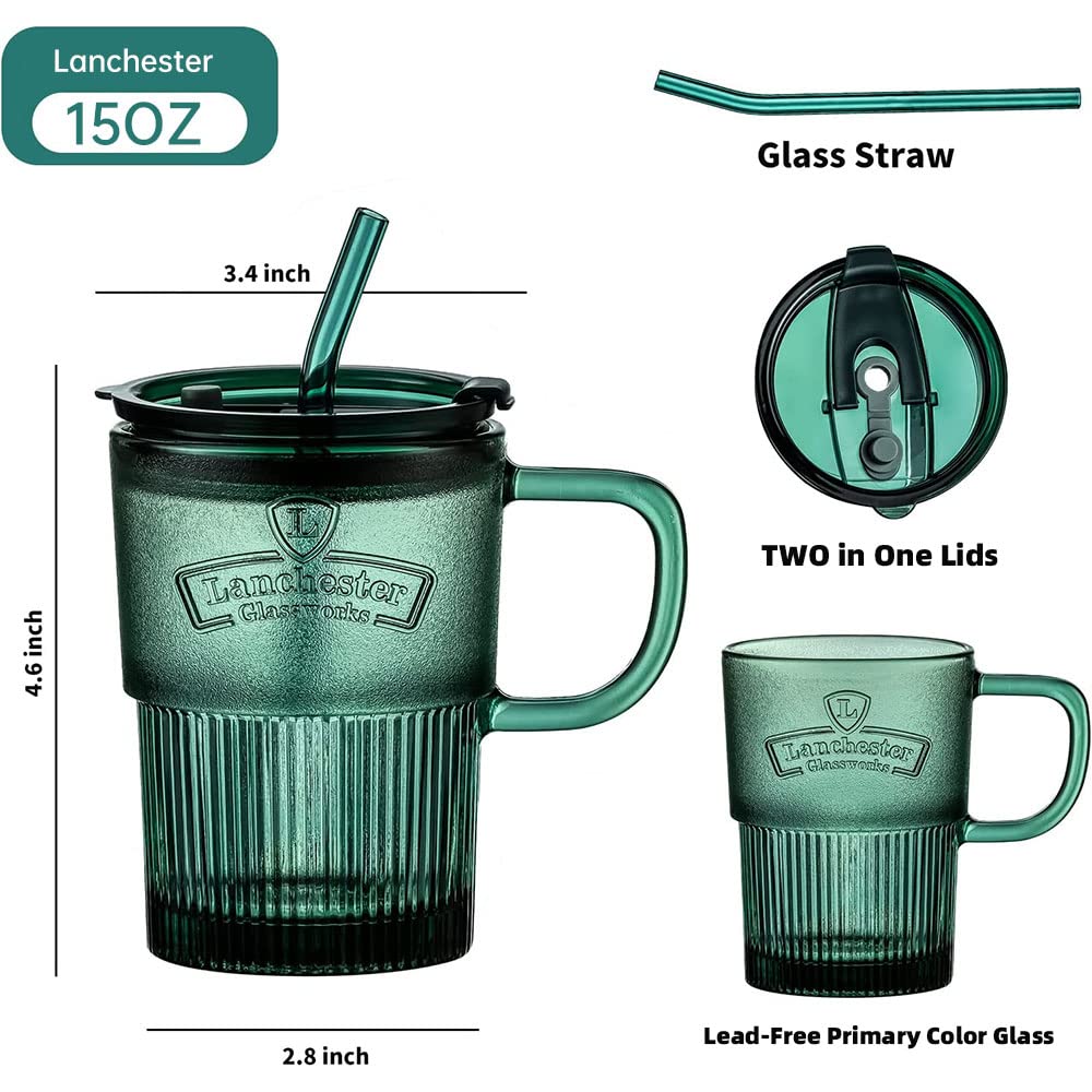 Glasbecher mit Deckel und Strohhalm, 425 ml, Trinkgläser mit Griff, geeignet für Männer und Frauen, Trinkwasser, Kaffee, Tee, Saft, Bier – [2 Stück]