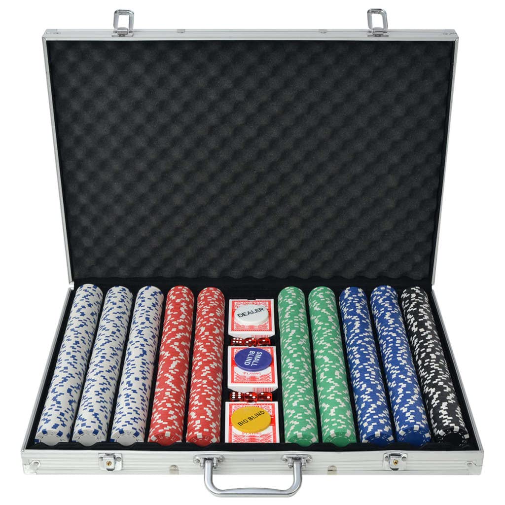Mangloder - Juego de póquer con 1.000 fichas de aluminio, incluye 3 barajas de cartas, 6 dados de casino, botón de distribuidor, botón pequeño y grande ciego para torneos, juegos familiares y de