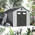 Domi 8x12FT Outdoor Resin Storage Shed with Transparent Windows & Louvered Vents, Plastic Tool Shed with Double Lockable Doors & Gable Roof, Outside Garden Shed for Backyard, Patio, Lawn, Grey