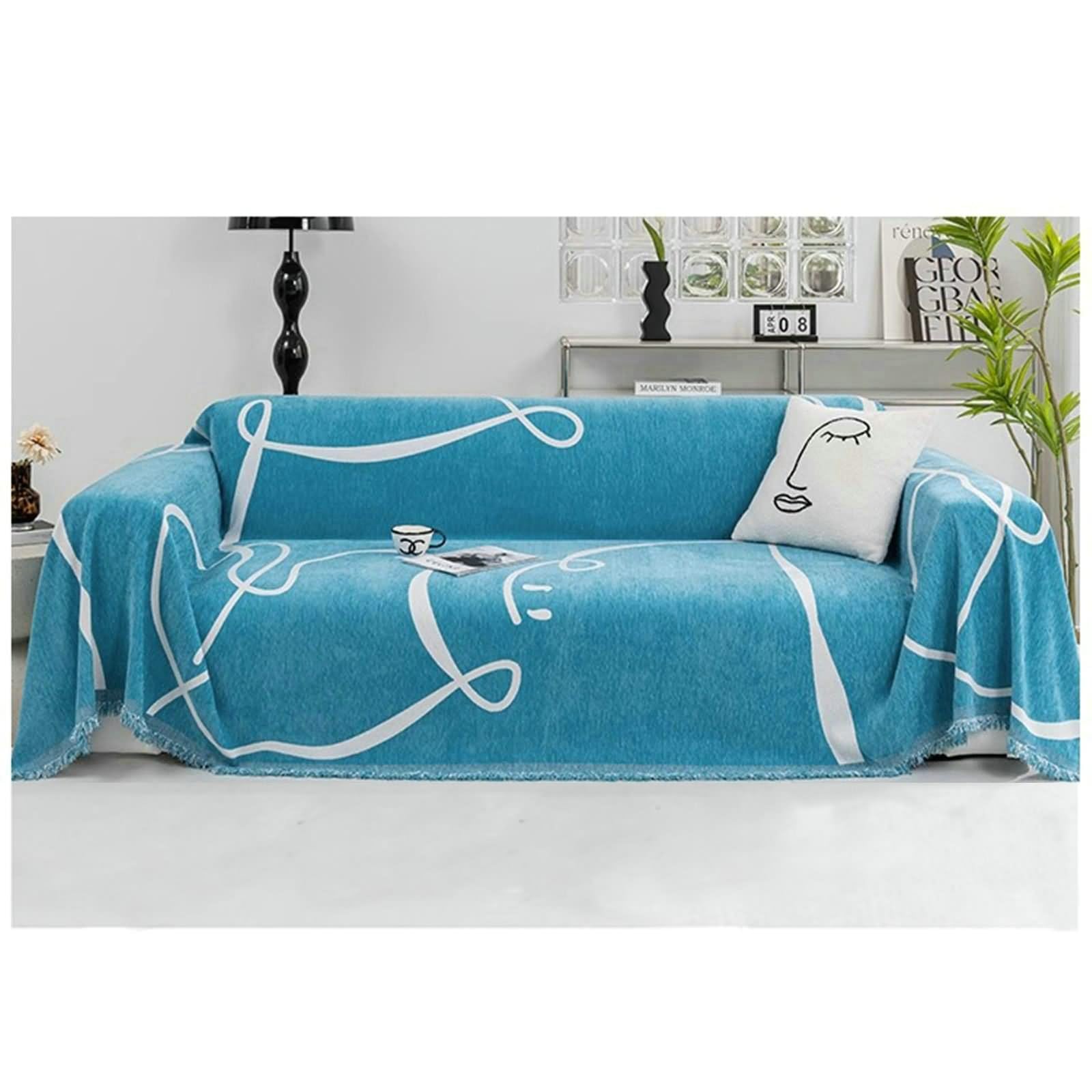 Recouvre canapé clic clac en chenille haut de gamme motif géométrique bleu 4 pl
