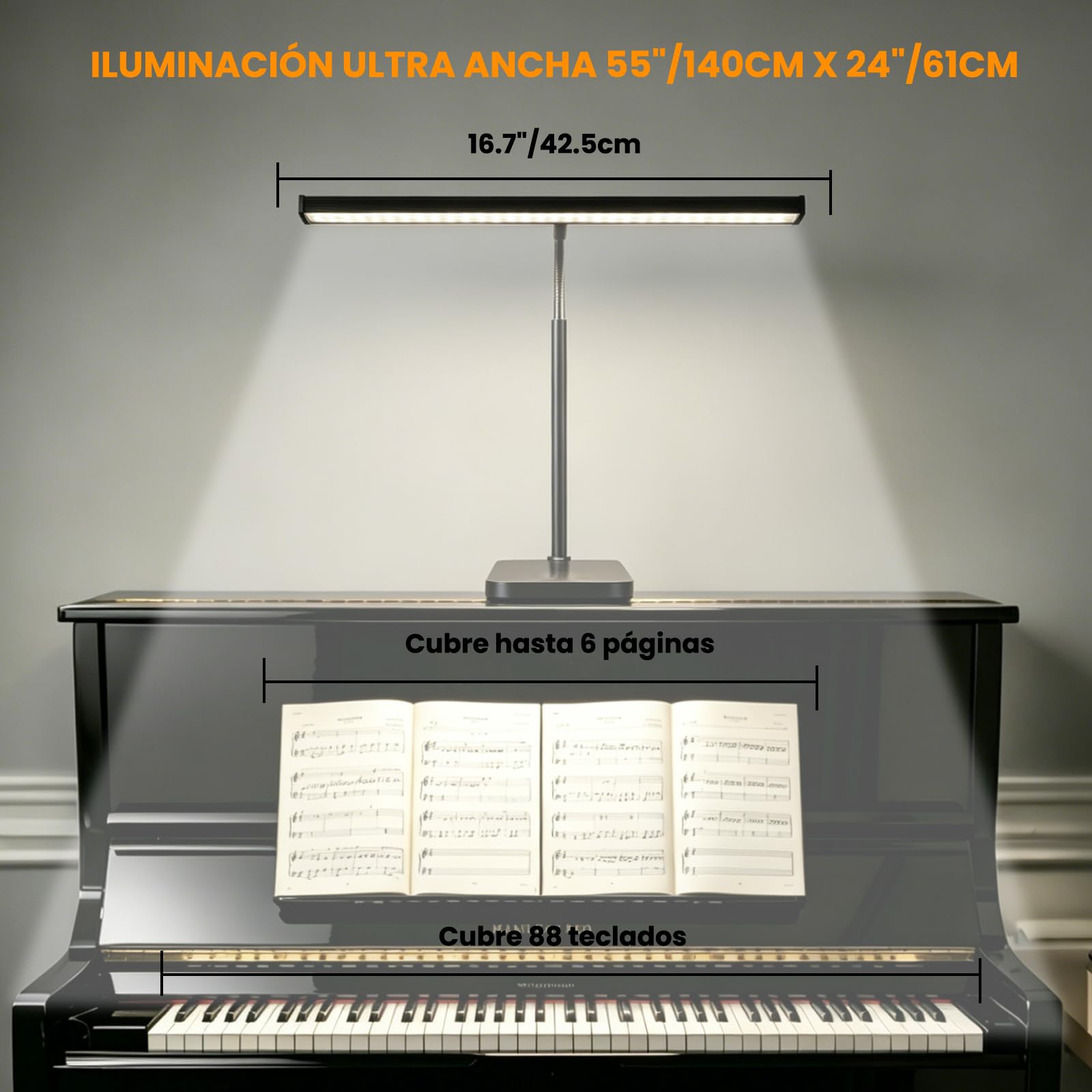 Lámpara LED para Piano, 3 modos de color, 10 niveles de brillo regulables, alimentación USB, tubo flexible de 360°, base metálica estable, adecuada para piano y escritorio