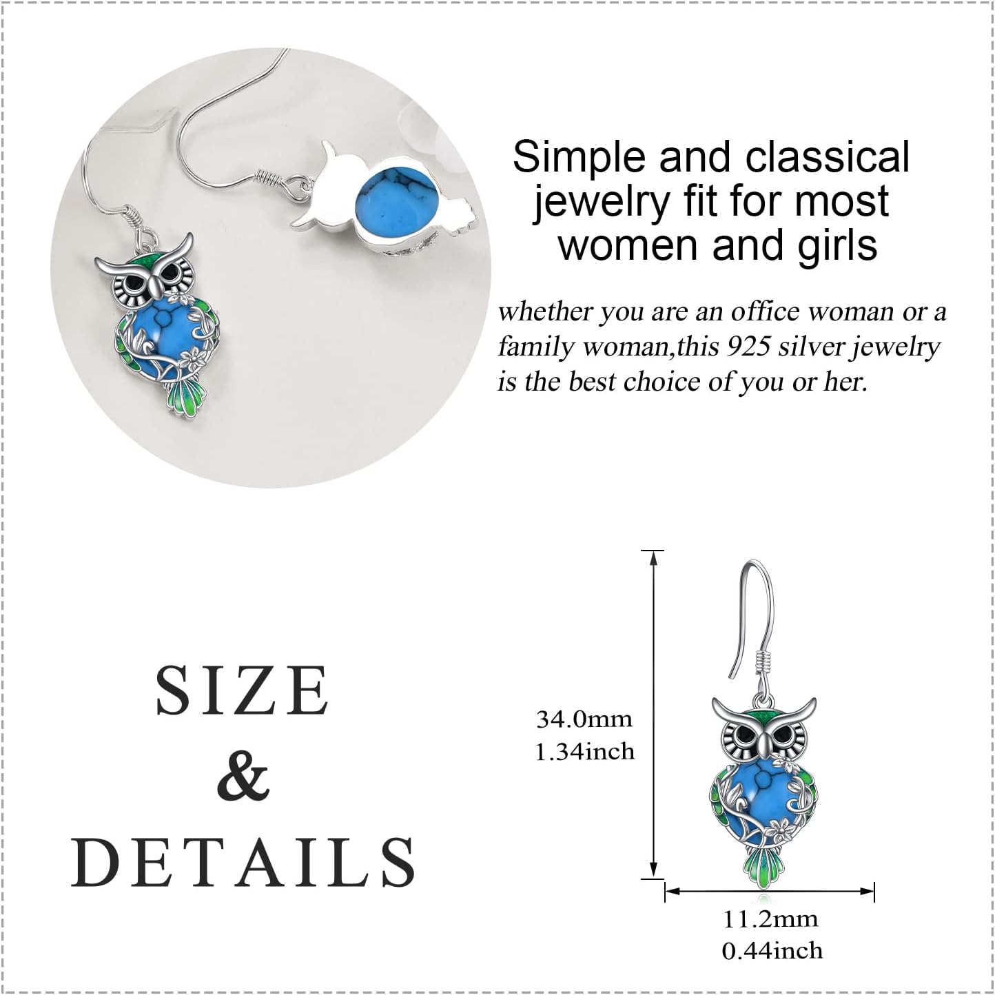 Owl Earrings for Women Sterling Silver Moonstone/Black Onyx/Lapis Lazuli/Jade/Turquoise Dangle Leverback Earrings Jewelry Gifts for Women - Image 5