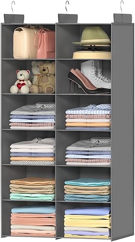 ALLTIDYUP Organizador de armario colgante de 6 niveles de doble fila y almacenamiento, 12 bolsillos, estantes de almacenamiento de ropa con 3