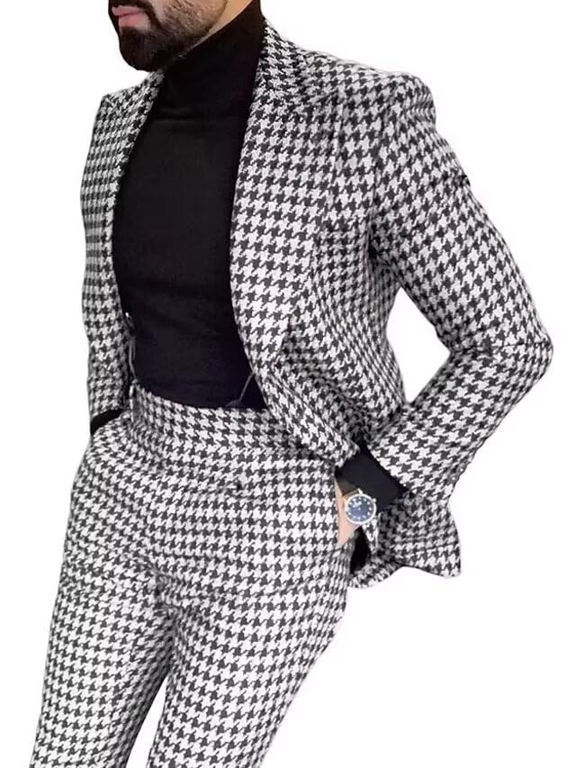 Men's Houndstooth Dogstooth 2 Pieces Suit Tweed Plaid Slim Fit Tuxedos Set Work Wedding Business Jacket Blazer Pants
