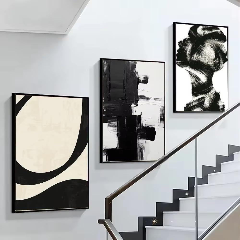 UUDEZO Zestaw 3 czarno-białych plakatów, teksturowana abstrakcyjna sztuka ścienna, estetyczna dekoracja obrazu, do salonu i sypialni (50 x 70 cm (20 x 28 cali) x 3
